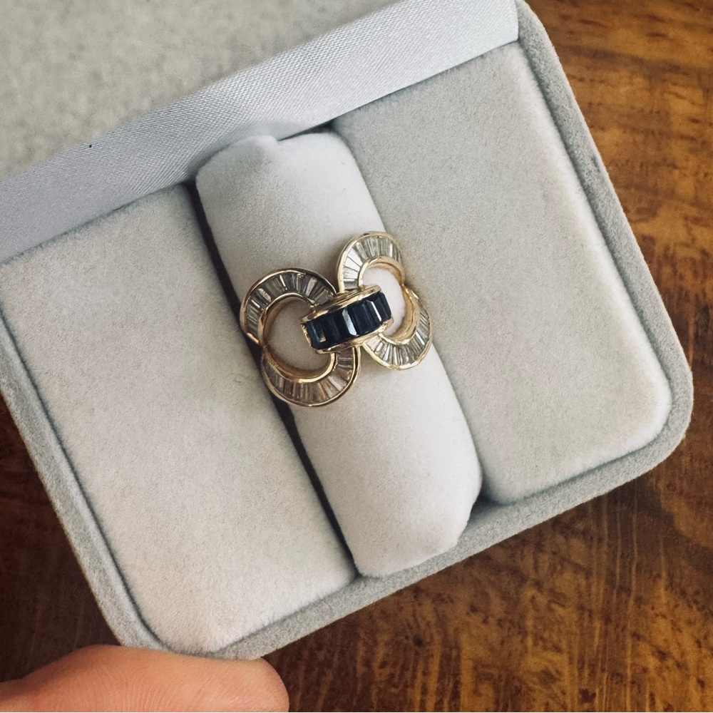 Estate 18k Gold Sapphire 1.25ct & Diamonds 1.32ct Baguette Loop Ring Sz 6.75